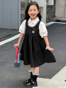 DAZY 2pcs/Set Young GirlRound Neck Casual Ruffle Trim T-Shirt And Round Neck Preppy Dress - Black - View 4
