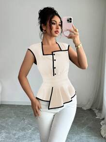 Rafferiza Women's Sleeveless Square Neck Waist-Defined Flare Hem Elegant Casual Commute Work Versatile Collared Blouse, Contrast Black & Apricot Color, Spring/Summer - Apricot - View 3