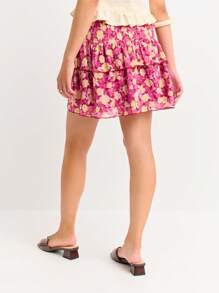 Nöista Women's Pink Floral Fuchsia Floral Mini Skirt With Smocked Waist,Layered Ruffle Detail,Lightweight Summer Boho Vacation Beach,Airport Look,4th Of July - Purple - View 2
