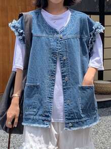 FRIFUL 女式夏季单排扣流苏口袋设计休闲牛仔衬衫 - 藍色 - 查看 2