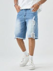 Manfinity Roghcode Men's Light Wash Denim Bermuda Shorts Ripped Detail Avant-Garde Street Casual Jean Shorts For A Look - Light Wash - View 4