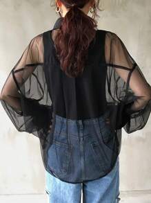 FRIFUL Women Mesh Oversized Long Sleeve Casual Blouse, Spring Summer,Ruffle Sheer,Fall Women Clothes