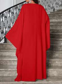 SHEIN Lady Vestido elegante de talla grande de manga larga tipo midi con cuello en V tejido, en negro, en colores de primavera, verano, otoño e invierno, para fiesta de San Valentín, Año Nuevo, boda, vacaciones, con falda esponjosa, vestido de hada - Rojo - Ver 2