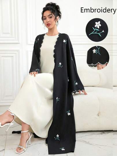 Al Najma Shell Contrast Trim Floral Embroidered Bell Sleeve Wrap Front Maxi Abaya