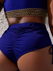 Slaydiva Plus Size Solid Color High Waist Side Drawstring Swimwear Bottom For Summer Beach Vacation - Royal Blue - View 1