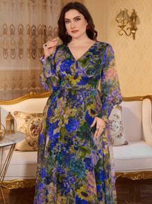 Modelyn 全新奢华优雅喇叭形长款 V 领长袖连衣裙 - 寶藍色 - 查看 6