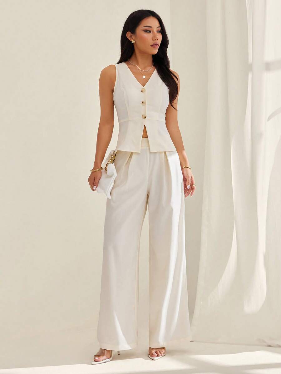 SHEIN PETITE Bộ vest và quần blazer không tay thanh lịch dành cho nữ, phù hợp cho công sở/đi làm, mùa hè - Màu be - Xem 1