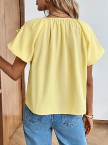 SHEIN LUNE Ladies' Casual 3D Flower Puff Sleeve Yellow Blouse Butter Yellow Top Summer Outfits For Women Vacation Outfits Woman Going Out Tops Women Vacation Outfits Women Teacher Outfits For Women Cute Shirts Summer Clothes Women Old Money Style Women Butter Yellow Country Outfits Women Bohemian Clothes Work Tops Tie Front Top - Yellow - View 2