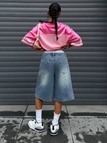 SHEIN Nastolatki Dziewczęta Niebieskie I Białe Paski Podwójny Pas Spliced Pas Projekt Niebieskie Dżinsy Luźne Szorty, Wiosna I Lato Swobodne Wakacje Wiejski Boho Noszenie