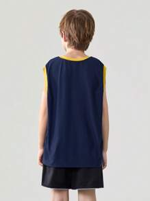 JNSQ Tween Boy Back To School Outdoor Sports Vest, Children's Crew Neck Colorblock Funny Letter Print Outdoor Sports Tank Top