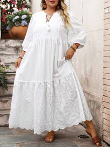 SHEIN CURVE+ Plus Size Vacation Summer 3/4 Sleeve Embroidered Loose Dress Summer/Country/Beach Vacation Outfits/Beach Outfits/Beach Wear,Maxi Dress White Eyelet Dress White Boho Dress Plus Size White Dress White Summer Dress Cottagecore White Dress
