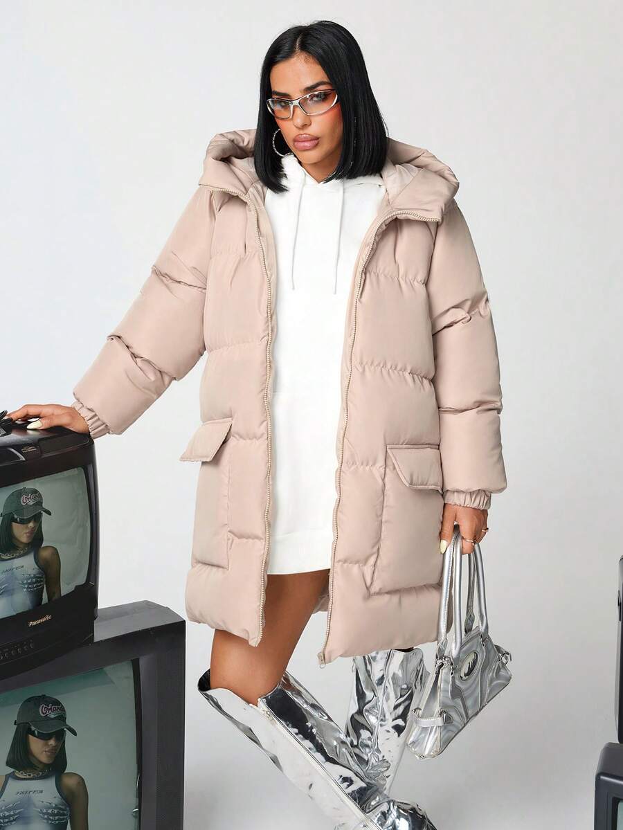 EURMUSE Women's Solid Hooded Casual Winter Coat - Beige - View 1