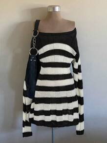 Sweetra Plus Size Women's Loose Casual Comfortable Striped Double Pockets Long Sleeve Sweater Dress  Vintage Fall Winter Cloth For Women Autumn - Black and White - View 2