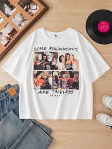 FRIENDS X SHEIN Mystic heart Camiseta casual de talla grande de verano con estampado gráfico de texto