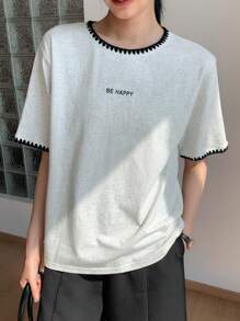 DAZY Women's Casual Colorblock Round Neck Loose Street Wear Short Sleeve Letter Print T-Shirt, Summer