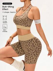 SHEIN Sport Studio Leopard Print Tank Top & Shorts Sports Yoga Set