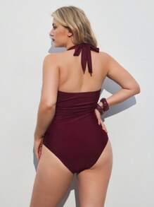 Maija Plus Size Women Solid Color Ruched Waist Halter One-Piece Swimsuit Summer Women Vacation  Vestidos Elegantes De Mujer Beach  Blusas Elegantes Para Mujer Business Casual Woman Going Out Tops Boho Office Outfits Festival Outfits For Rave Hawaii Coachella Festa Junina