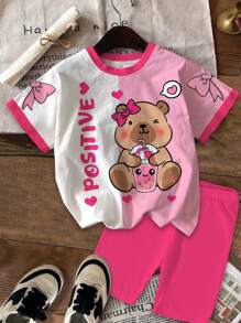 SHEIN 2件套年轻女孩休闲可爱卡通蝴蝶结短袖上衣和短裤套装