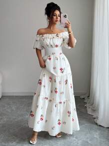 Elenzga 女士优雅时尚通勤休闲舒适迷人复古优雅淑女温柔浪漫度假单肩荷叶边泡泡袖收腰 A 字下摆花卉印花连衣裙（随机印花） - 杏色 - 查看 7