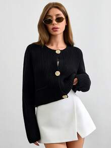 EURMUSE E Crew Neck Front Button Up Casual Long Sleeve Cardigan,Tall In Women,Cardigans,Petite,Tall - Black - View 7