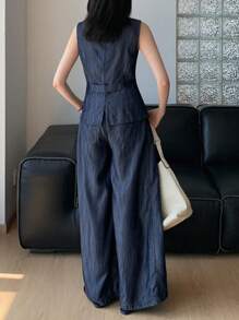 DAZY 2 件套女士夏季休闲牛仔圆领无袖上衣和宽松长裤牛仔套装 - 深色水洗藍 - 查看 5