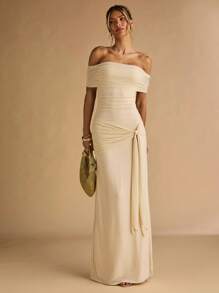 SHEIN BAE Váy dệt kim trễ vai nhún eo màu mơ cho nữ, Váy nghỉ mát mùa hè, Váy thanh lịch - Màu be - Xem 3