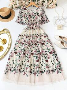 SHEIN Tall Váy mùa hè thường ngày cỡ lớn cho nữ, cổ tròn, tay ngắn, lưới thêu lãng mạn, dài đến giữa bắp chân - Nhiều màu - Xem 1