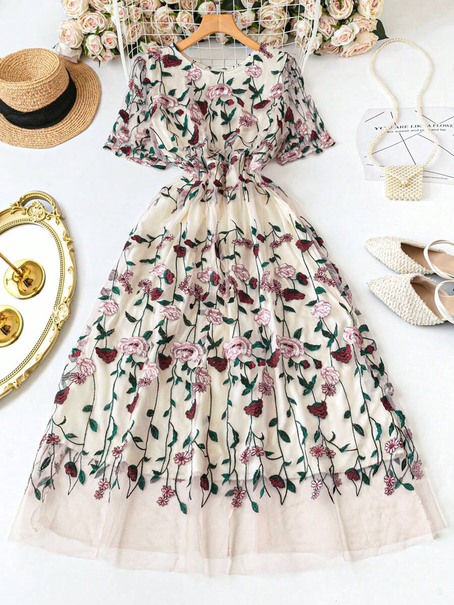 SHEIN Tall Váy mùa hè thường ngày cỡ lớn cho nữ, cổ tròn, tay ngắn, lưới thêu lãng mạn, dài đến giữa bắp chân - Nhiều màu - Xem 1
