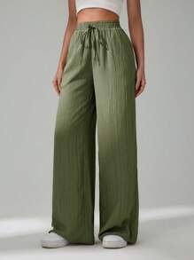 SHEIN Tall Women's Casual Solid Color Straight Leg Pants - Green - View 7