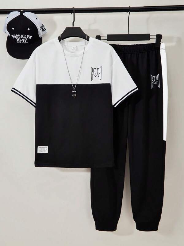 Conjunto de 2 piezas para adolescentes varones: Camiseta casual de cuello redondo con estampado de letras a contraste y pantalones deportivos