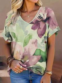 SHEIN LUNE Plus Size Women's Watercolor Floral Print V-Neck Short Sleeve Graphic Tees With Rolled-Up Cuffs,Retro Flower Pattern Casual Loose Summer Women Cute Women Tops - Multicolor - View 1