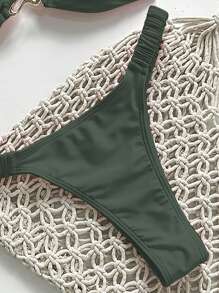 Swim Vcay Set Bikini 2 Potong Wanita Musim Panas Warna Polos Tanpa Tali dengan Dekorasi Logam Seksi - Hijau - View 5