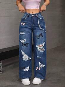 SHEIN 女式口袋做旧宽松休闲蝴蝶印花金属链牛仔裤