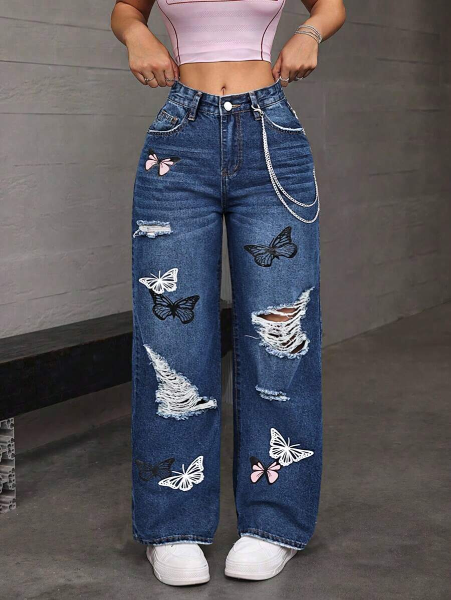 SHEIN 女式口袋做旧宽松休闲蝴蝶印花金属链牛仔裤