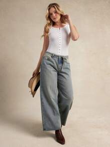 Mid Rise Loose Wide Leg Cotton Blend Denim Jeans Summer Boho Cowgirl Nashville Rodeo - Light Wash - View 3