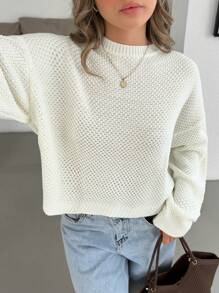 EURMUSE Women Solid Color Hollow Out Round Neck Drop Shoulder Pullover Knit Top,Jumper,Cream Jumper,Jumpers,Black Jumper,Womens Jumper,White Jumper,Women's Jumper,Women's Jumpers,Winter Clothes - Cream - View 6