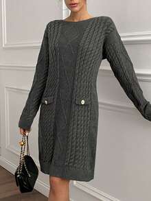 EURMUSE Women Solid Color Cable Knit Pattern Button Detailed Round Neck Mini Sweater Dress,Winter Dresses - Grey - View 6