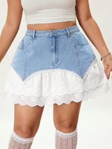 Rina Fox Minifalda vaquera azul clara de talla grande con adorno de encaje elegante y casual para mujer