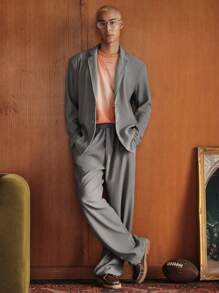 SWAVVY 2pcs Unisex Casual Viral Stairs Textured Fabric Deep V Neck Fitted Blazer And Straight Leg Trouser Suit Set, Suitable For Daily Wear - Light Grey - View 4