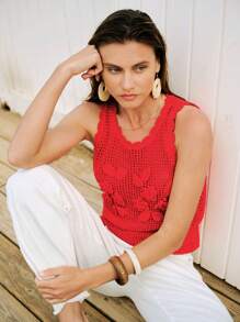 Maija 红色钩针3D花卉装饰无袖休闲度假基本款女式背心上衣 - 紅色 - 查看 3
