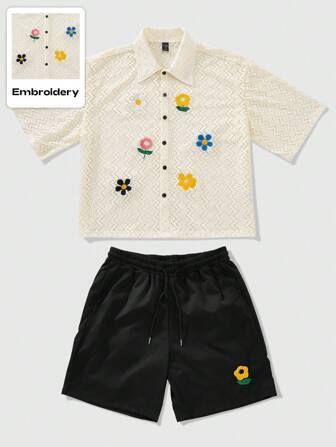 Street Life Herren zweiteiliges Set bestehend aus Kurzarmhemd mit floraler Stickerei vorne und schwarzen Shorts