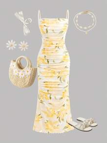 Girlism Teengirl 夏季淡黄色花卉印花网眼褶饰吊带连衣裙，度假风格修身长裙 - 黃色 - 查看 1