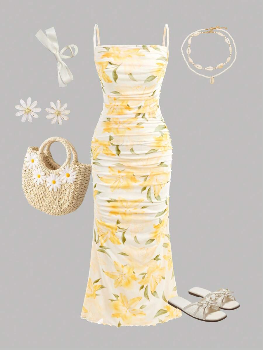 Girlism Teengirl 夏季淡黄色花卉印花网眼褶饰吊带连衣裙，度假风格修身长裙 - 黃色 - 查看 1