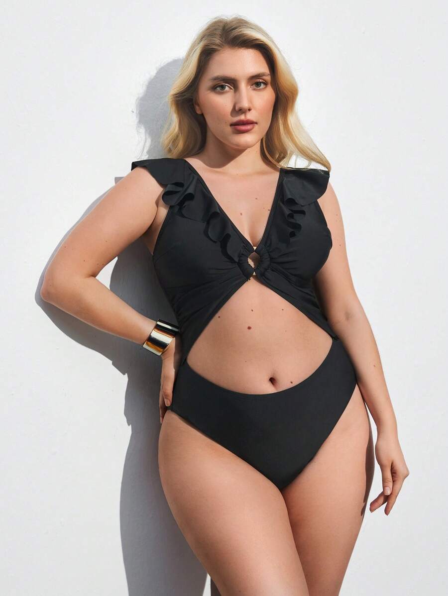 Maija Plus Size Women Holiday Solid Color Ruffled Collar Cutout One-Piece Swimsuit Summer Women Vacation Beach Business Casual Woman Going Out Tops Boho Office Outfits Festival Outfits For Rave Hawaii - Black - View 1