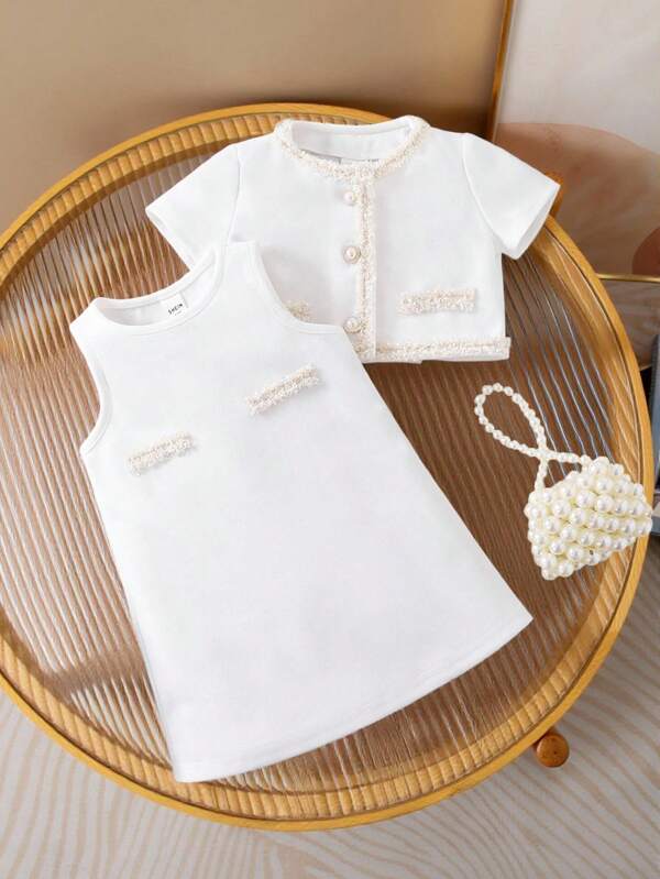 SHEIN Baby Girls Elegant White Fabric Panel Short Sleeve Jacket & Sleeveless Dress 2 Pieces Set