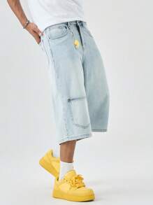 Manfinity EZcore 男式口袋宽松阔腿休闲牛仔百慕大短裤 - 淺色水洗藍 - 查看 6