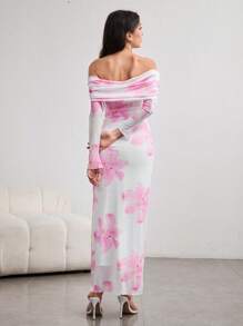 Modelyn 女士加长露肩浪漫热带花卉印花弹力网眼优雅度假修身连衣裙 - 彩色 - 查看 2