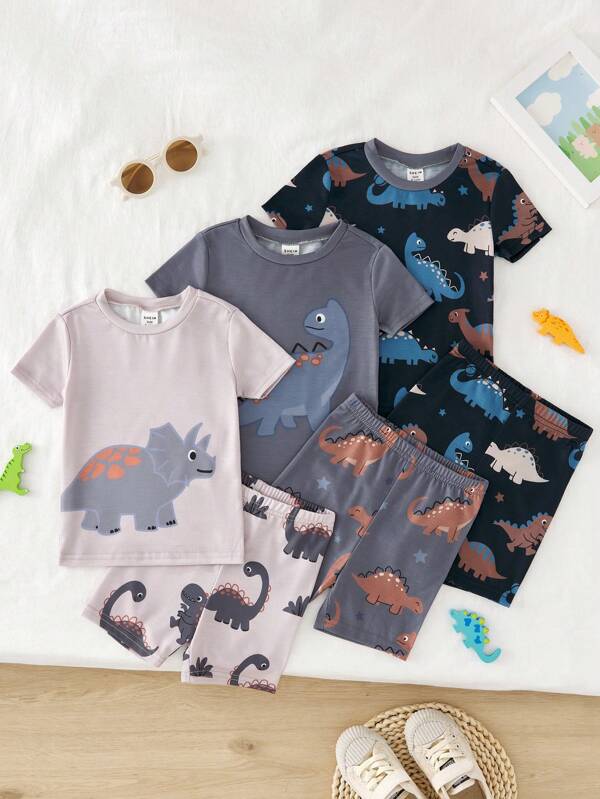 SHEIN 6 pièces Ensemble de pyjama décontracté, ajusté et confortable pour garçon enfant avec imprimé dinosaure de dessin animé. Comprend un Top à manches courtes et un short en tricot.