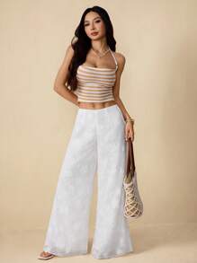 SHEIN PETITE Women's Casual Elegant Bohemian Holiday Beach White Patterned Textured Jacquard Loose Flared Pants, Summer, Boho