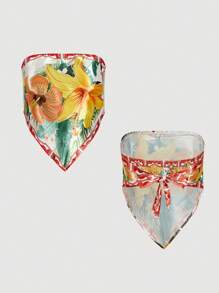 SHEIN MOD 大码女式花卉印花打结抹胸不对称下摆短款上衣 - 彩色 - 查看 2